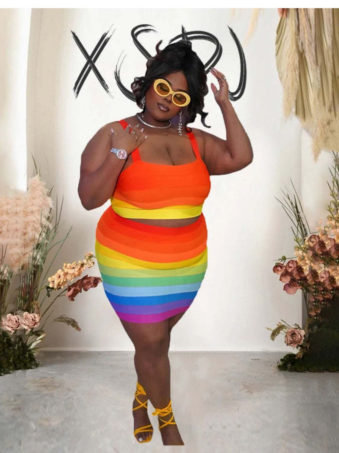 Rainbow Print Summer Strap Crop Top Y2k Skirt Set