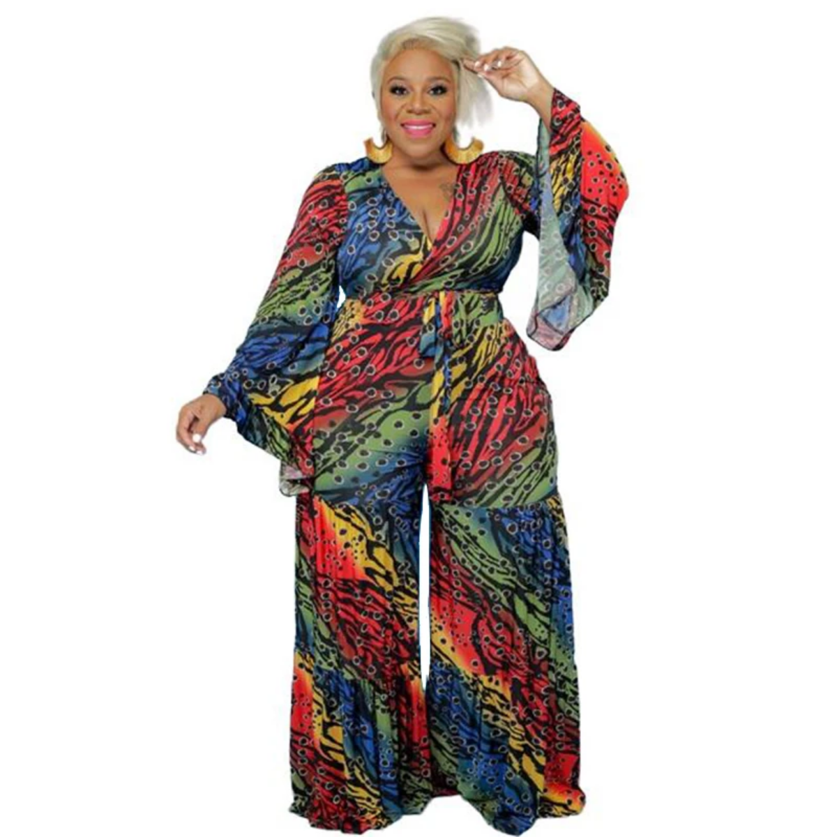 Plus Size  Loose Long Sleeve Wide Leg Jumpsuits