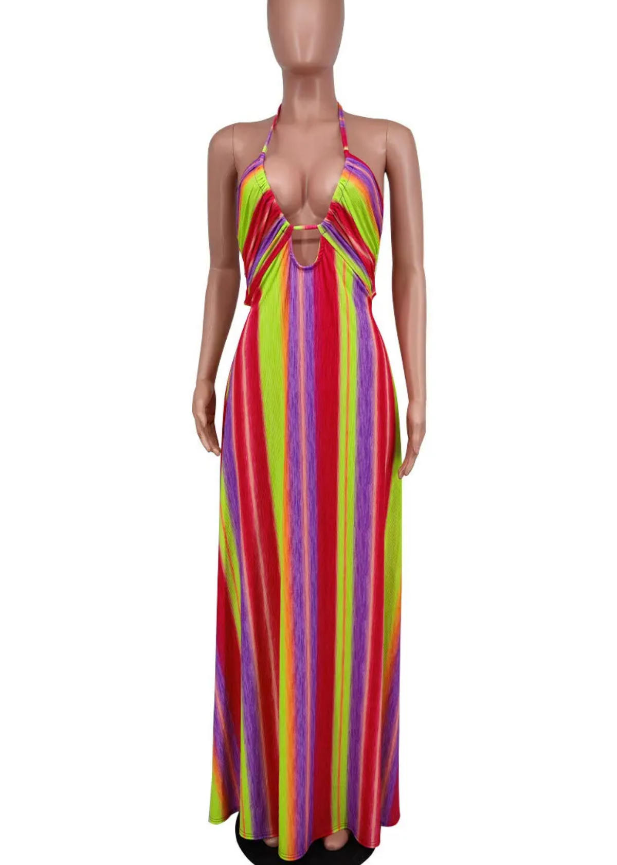 Rainbow Striped Printed Strapless Sleeveless Straight Pleated Maxi Dress