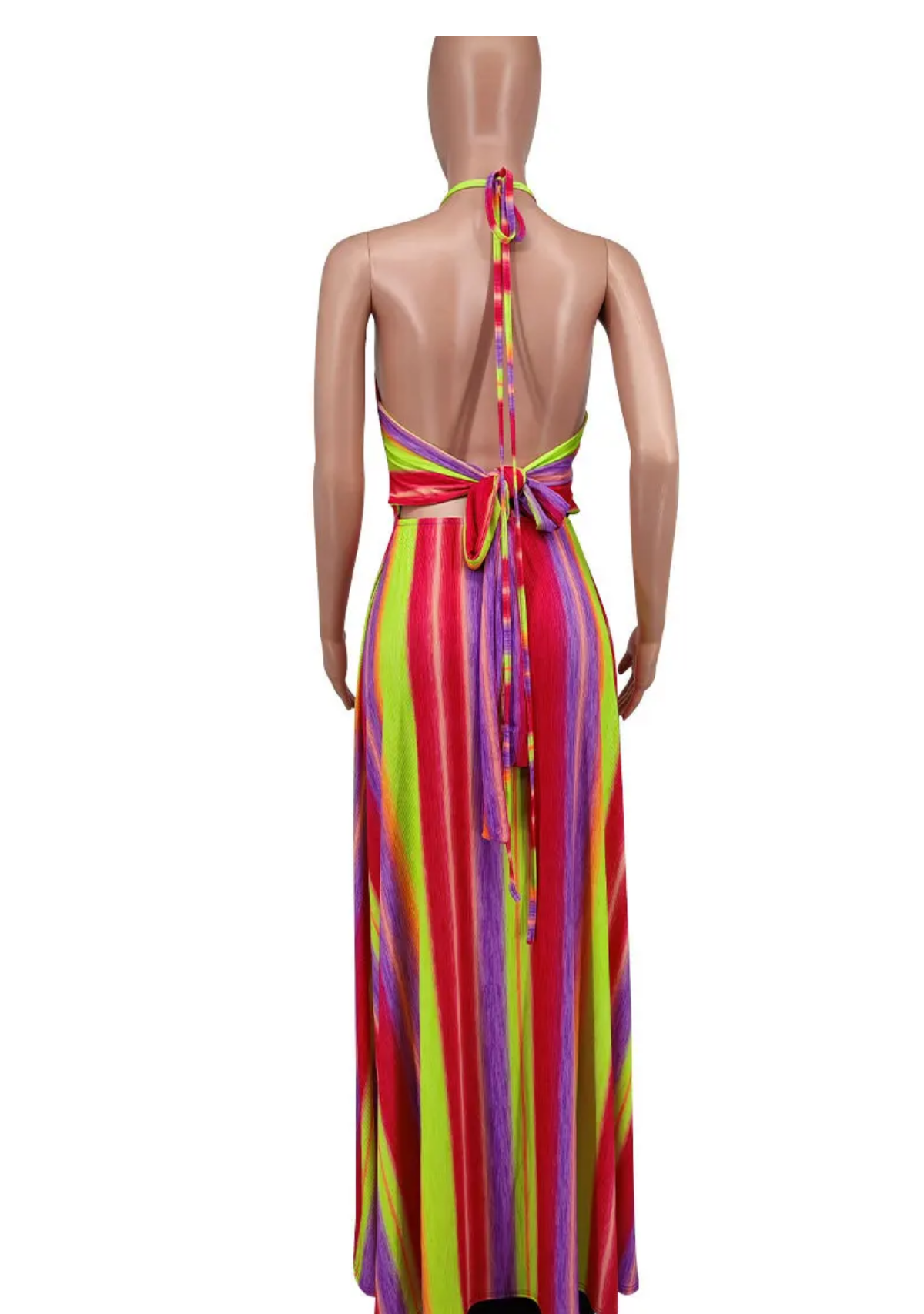 Rainbow Striped Printed Strapless Sleeveless Straight Pleated Maxi Dress