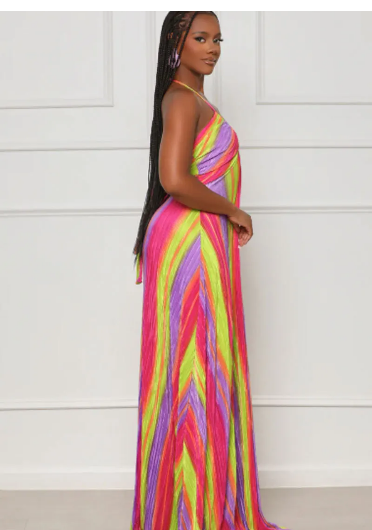 Rainbow Striped Printed Strapless Sleeveless Straight Pleated Maxi Dress