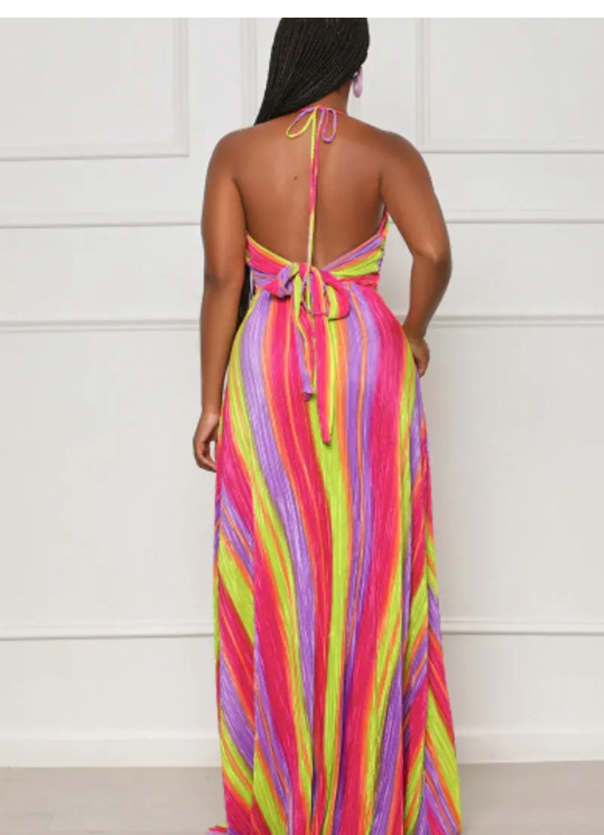 Rainbow Striped Printed Strapless Sleeveless Straight Pleated Maxi Dress