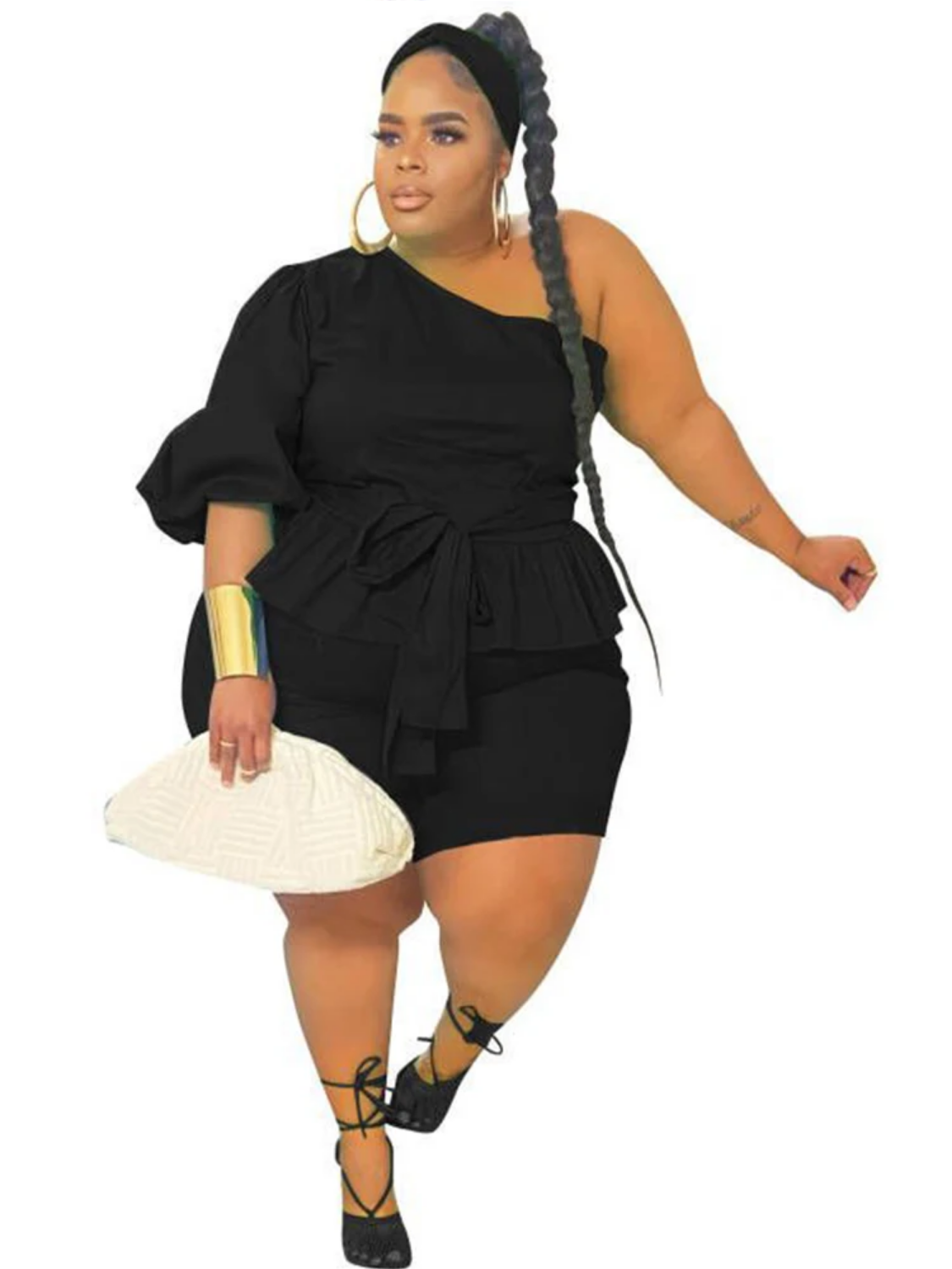Summer Plus Size Ruffled One Shoulder Top and Shorts Sets