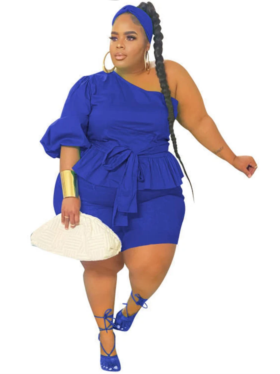 Summer Plus Size Ruffled One Shoulder Top and Shorts Sets