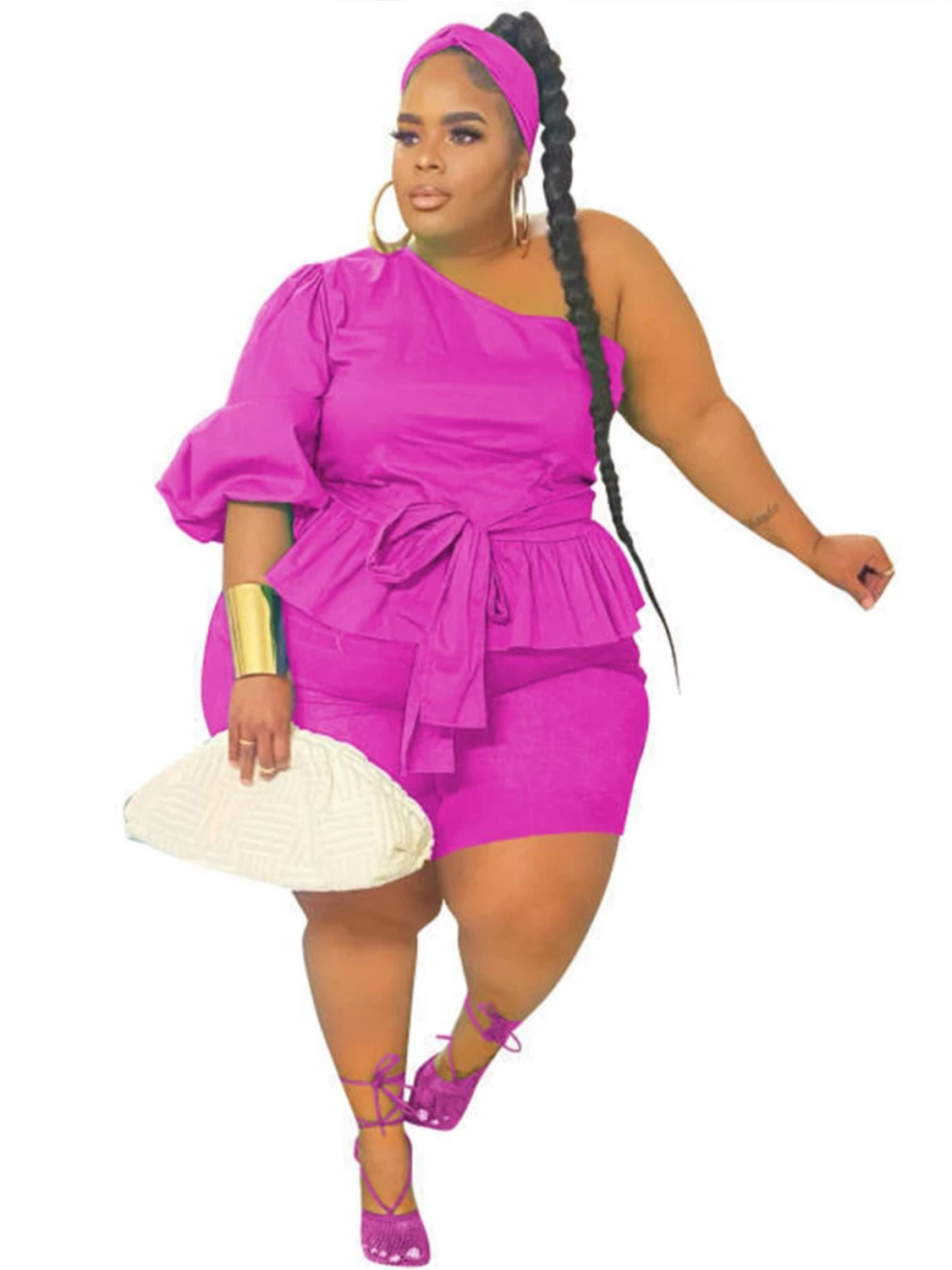 Summer Plus Size Ruffled One Shoulder Top and Shorts Sets