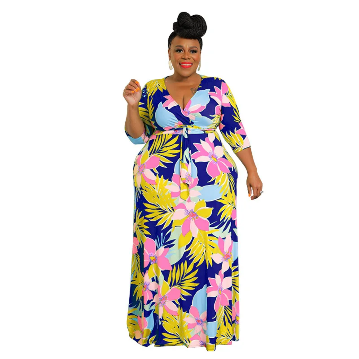 Deep V-neck Print  High Waist  Plus Size Dress