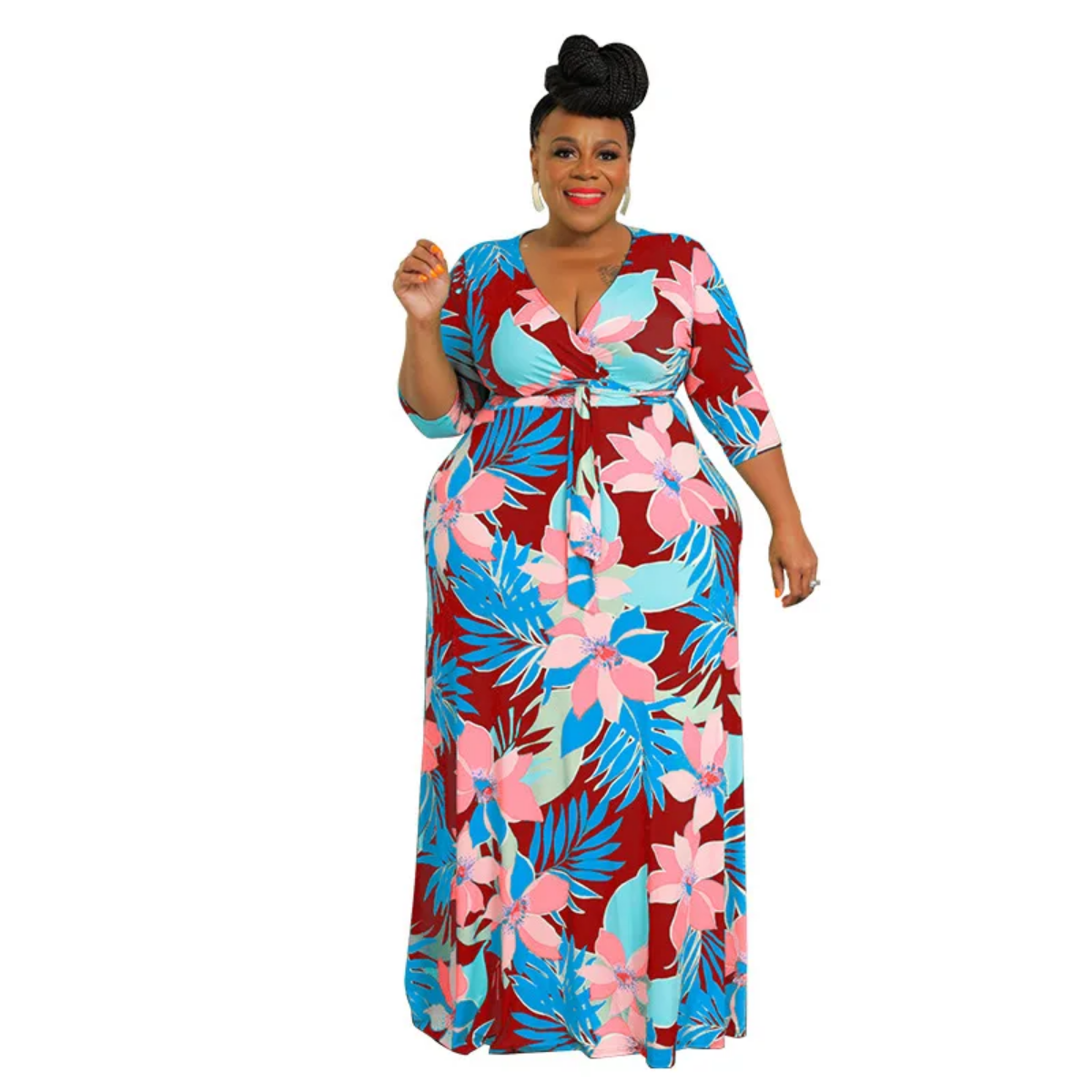 Deep V-neck Print  High Waist  Plus Size Dress