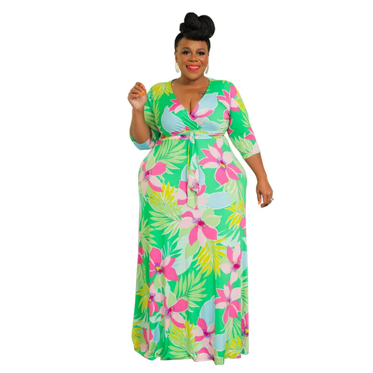 Deep V-neck Print  High Waist  Plus Size Dress