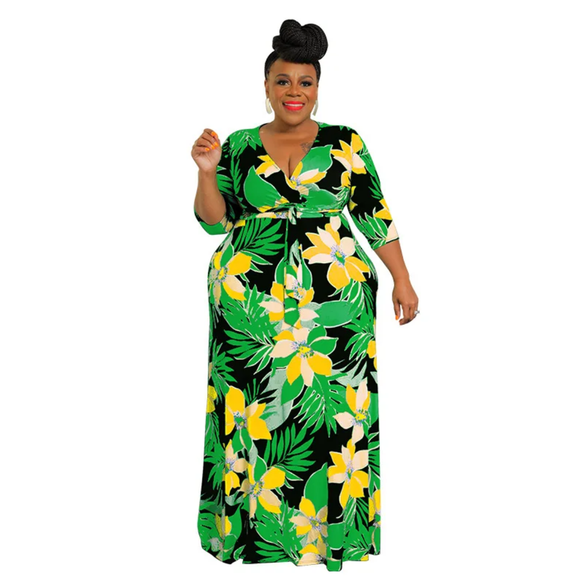 Deep V-neck Print  High Waist  Plus Size Dress