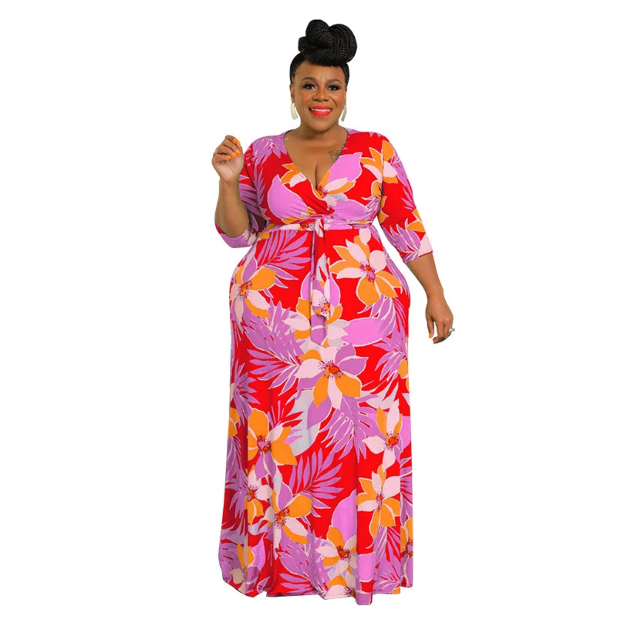 Deep V-neck Print  High Waist  Plus Size Dress