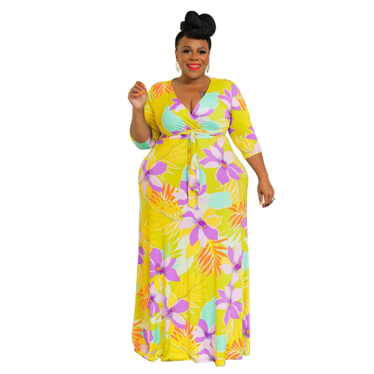 Deep V-neck Print  High Waist  Plus Size Dress