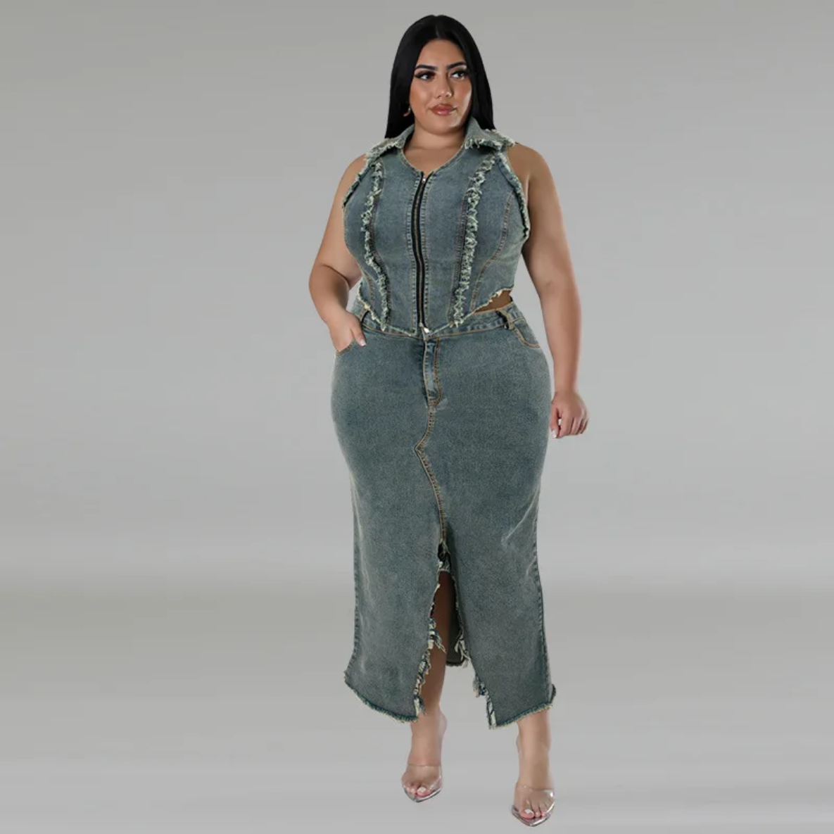 2024 Spring Summer Plus Size Denim Sleeveless Tops And Maxi Skirts Suits