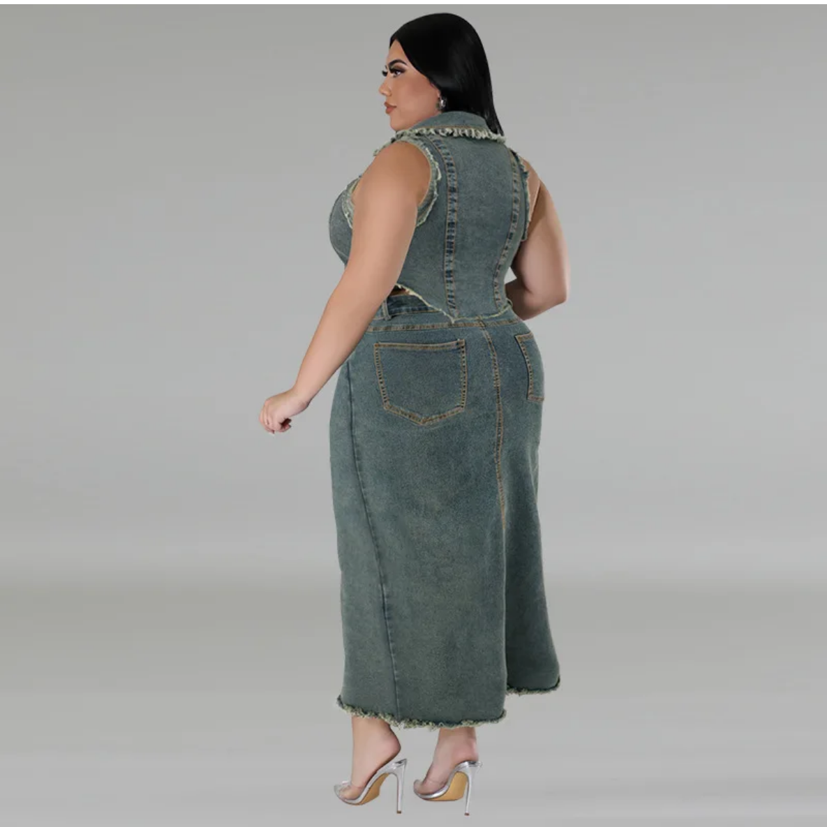 2024 Spring Summer Plus Size Denim Sleeveless Tops And Maxi Skirts Suits