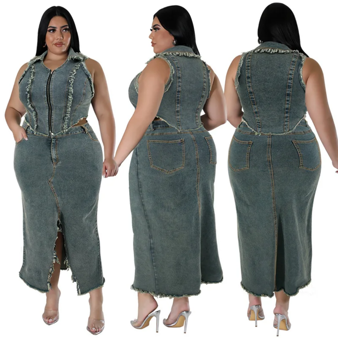 2024 Spring Summer Plus Size Denim Sleeveless Tops And Maxi Skirts Suits