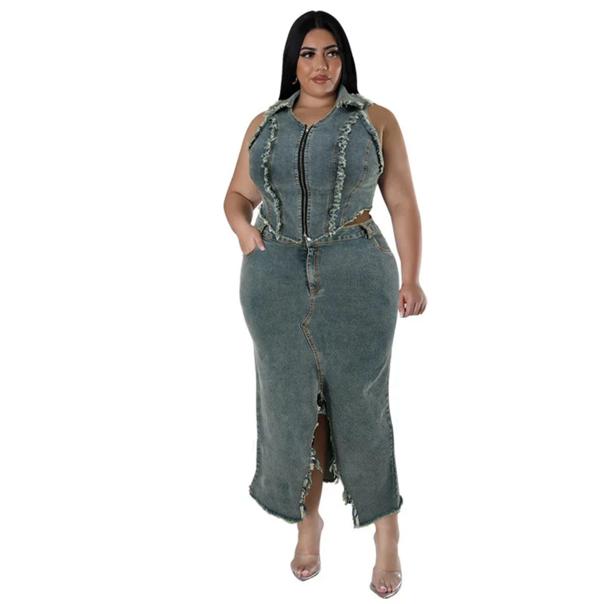 2024 Spring Summer Plus Size Denim Sleeveless Tops And Maxi Skirts Suits