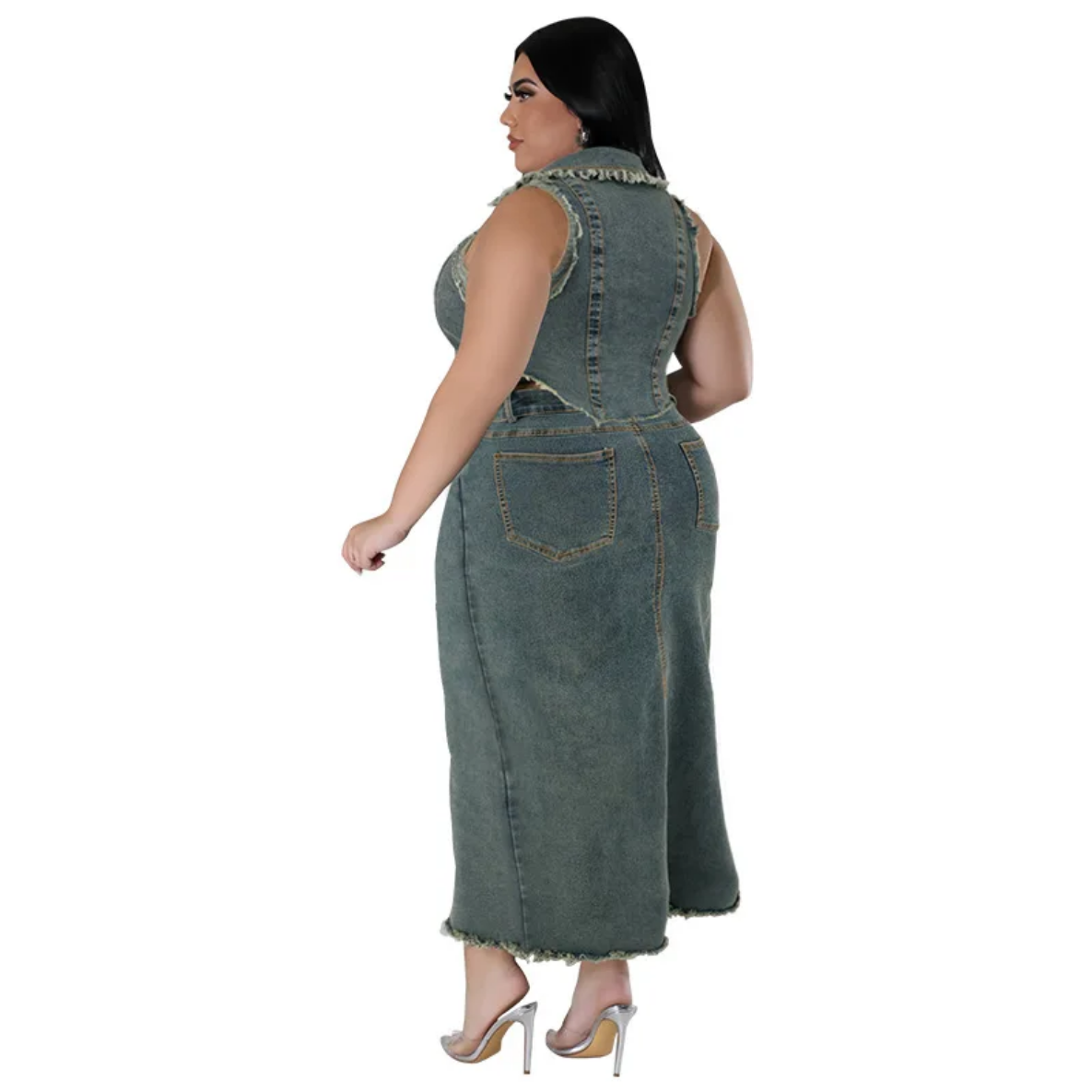 2024 Spring Summer Plus Size Denim Sleeveless Tops And Maxi Skirts Suits