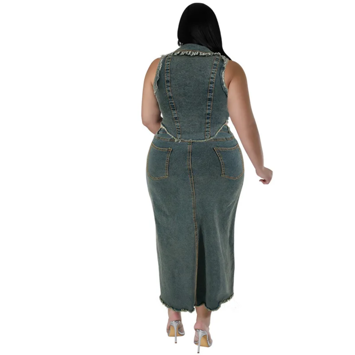 2024 Spring Summer Plus Size Denim Sleeveless Tops And Maxi Skirts Suits