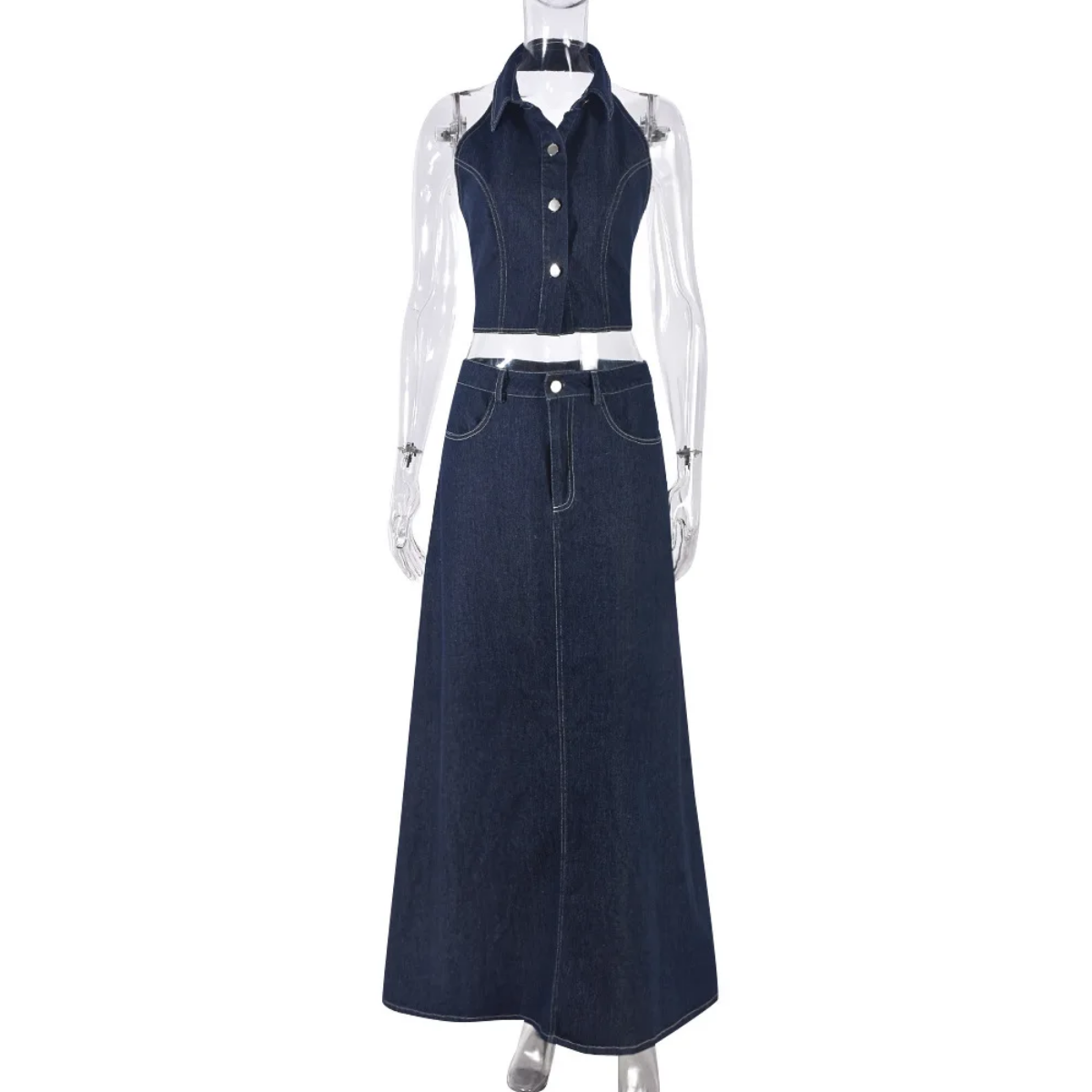2024 Spring Summer Denim Pocket Sleeveless Tops And Maxi Skirt Suits