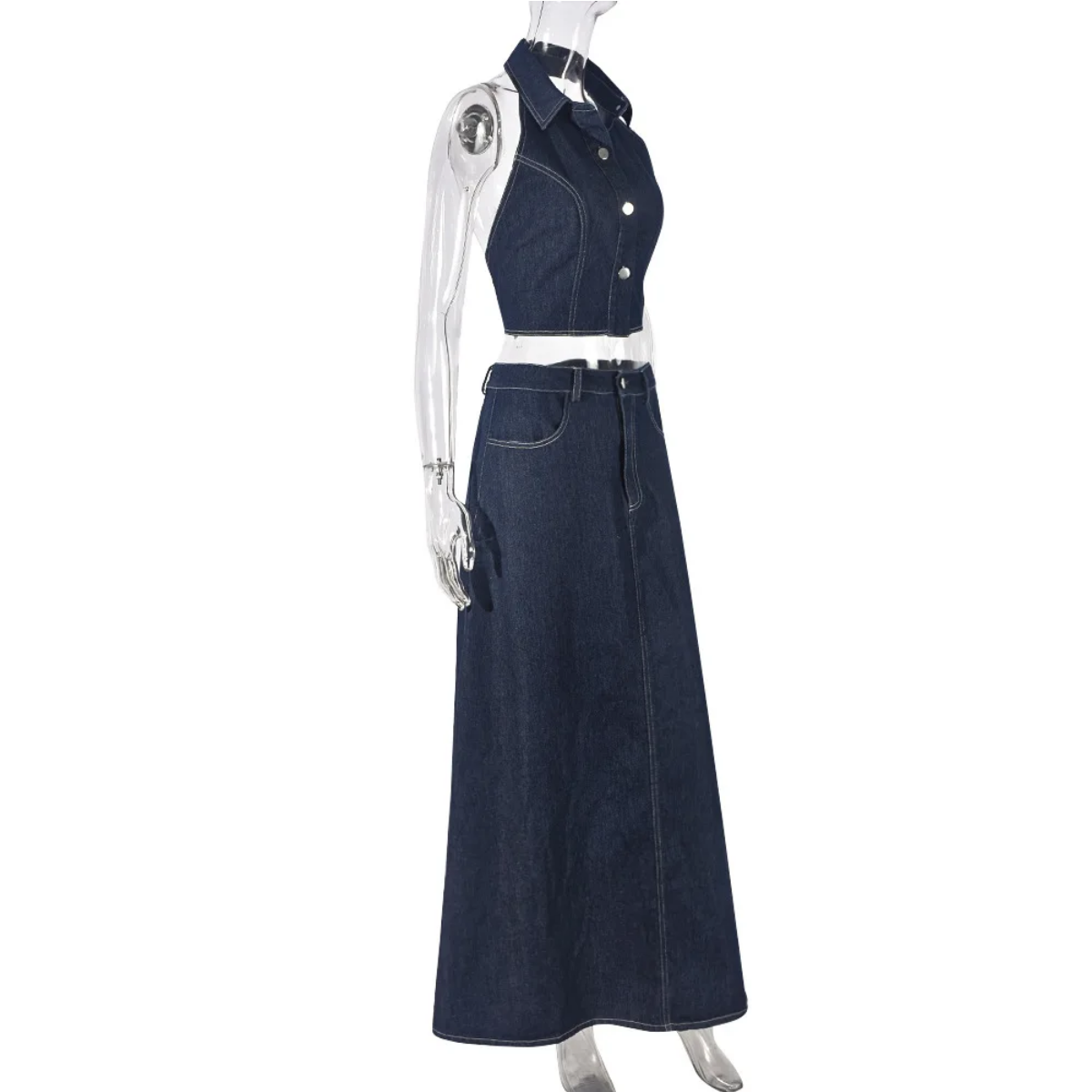 2024 Spring Summer Denim Pocket Sleeveless Tops And Maxi Skirt Suits