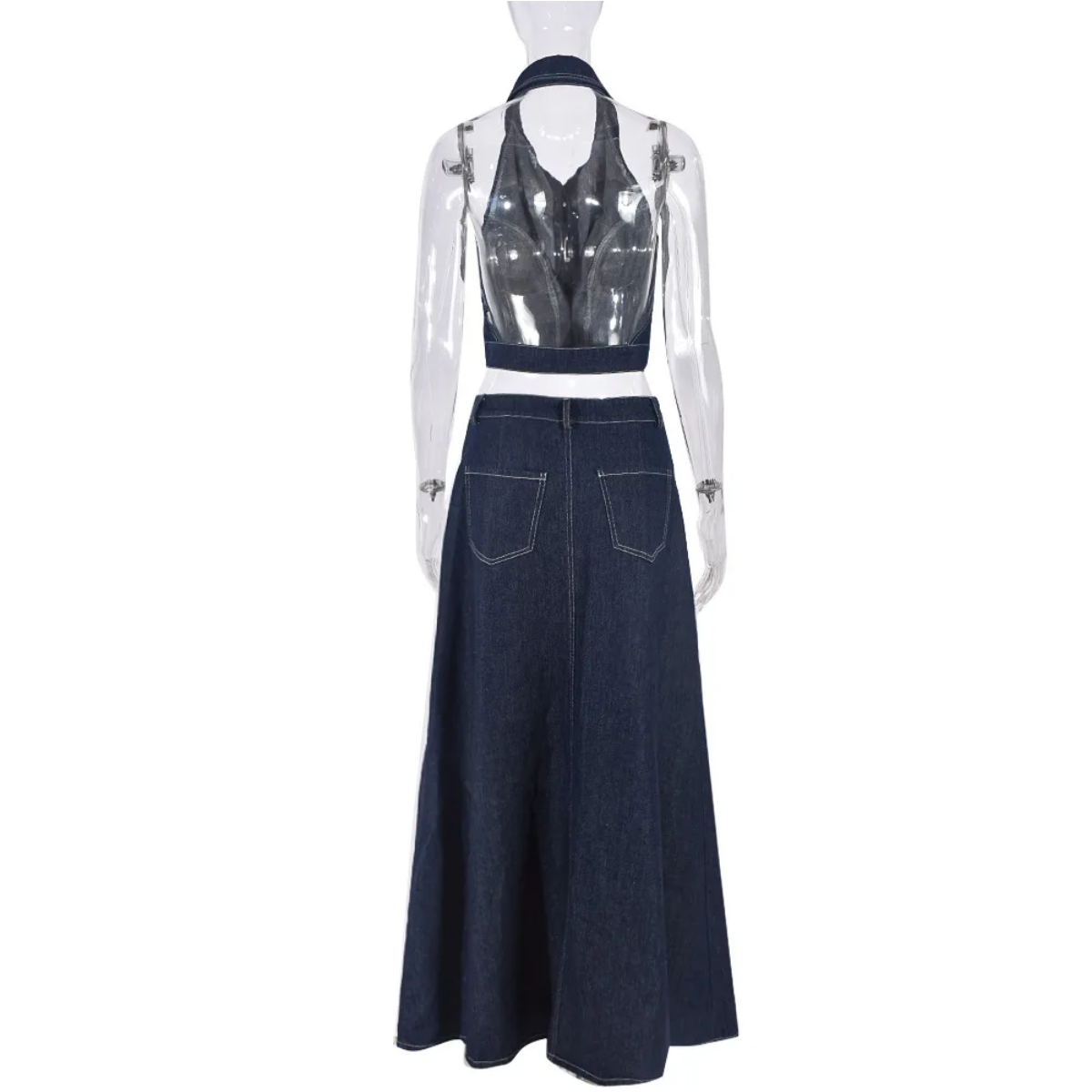 2024 Spring Summer Denim Pocket Sleeveless Tops And Maxi Skirt Suits