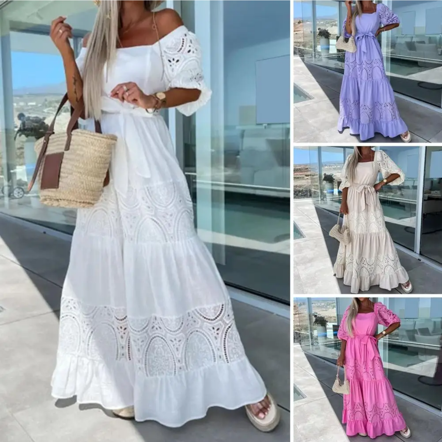 Square Collar Puff Half Sleeves High Waist Ruffle Flowy Hem Maxi Dress