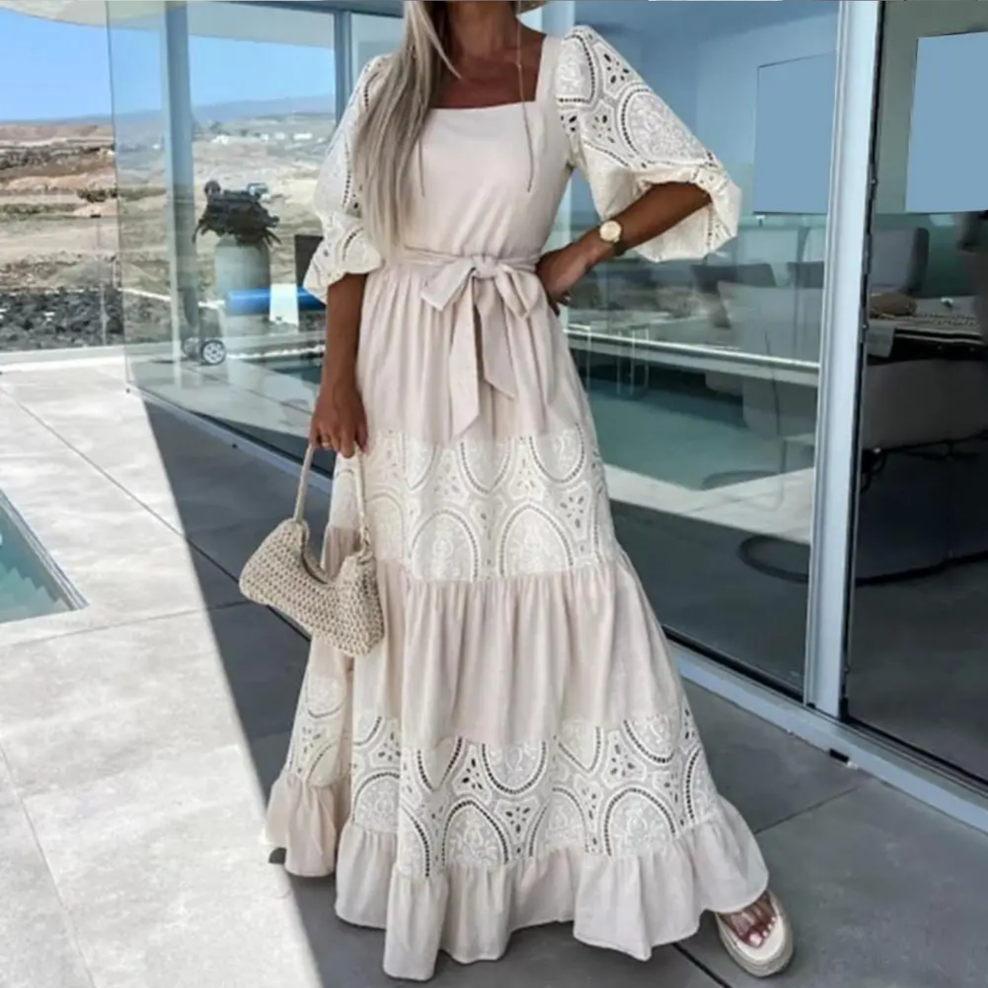 Square Collar Puff Half Sleeves High Waist Ruffle Flowy Hem Maxi Dress