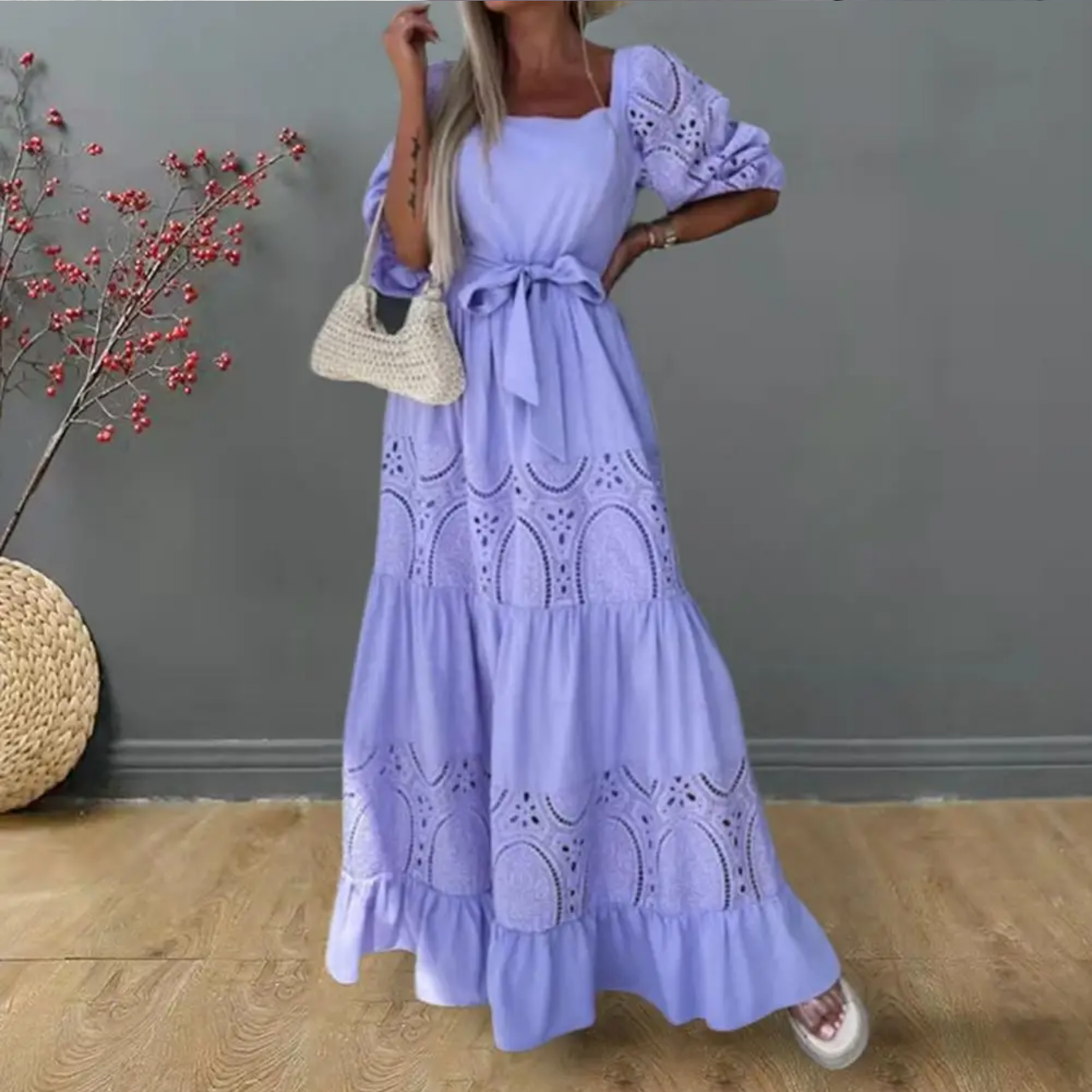 Square Collar Puff Half Sleeves High Waist Ruffle Flowy Hem Maxi Dress