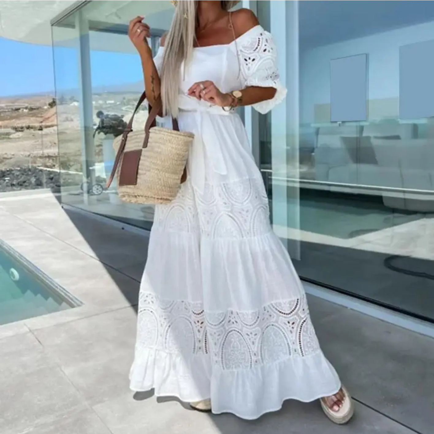 Square Collar Puff Half Sleeves High Waist Ruffle Flowy Hem Maxi Dress