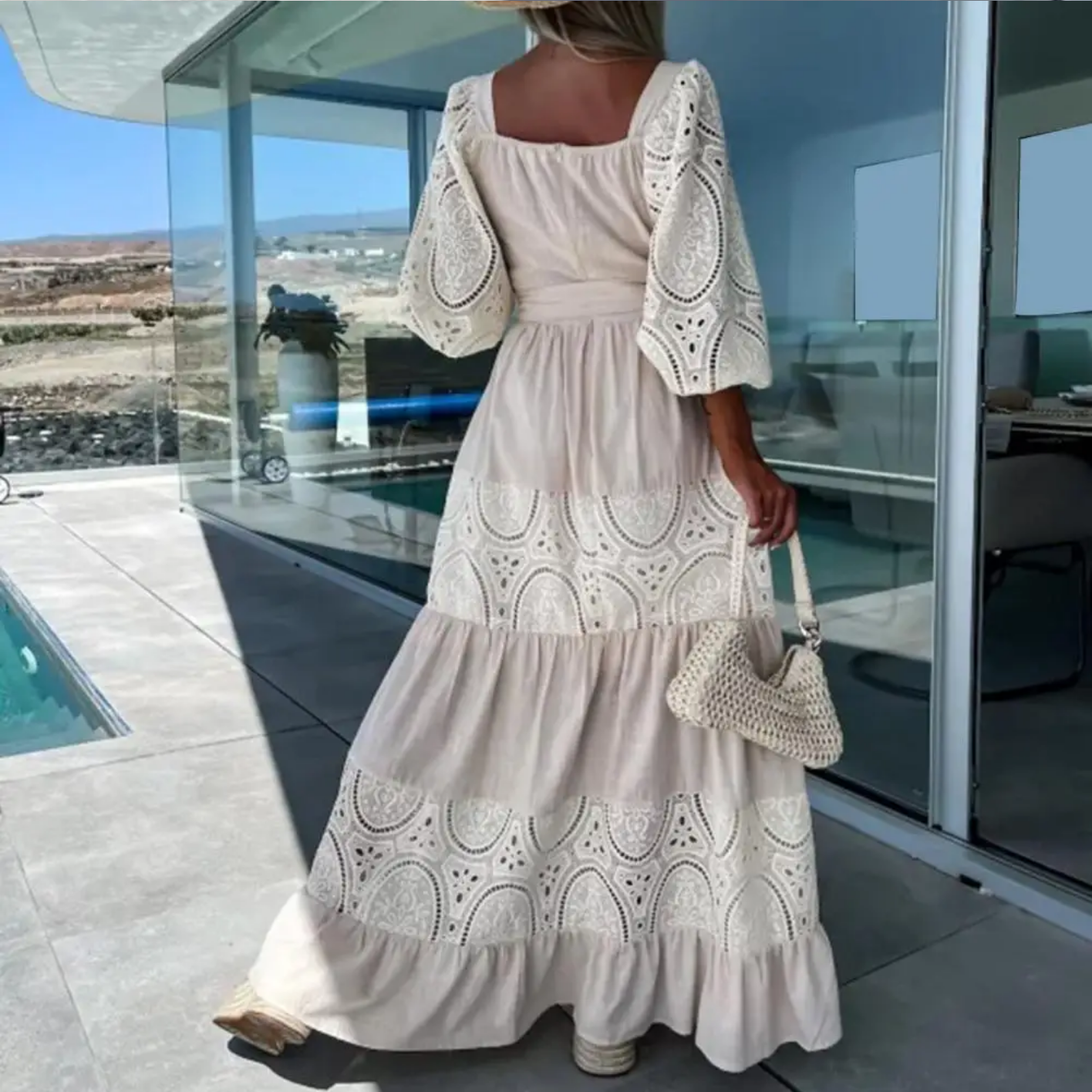 Square Collar Puff Half Sleeves High Waist Ruffle Flowy Hem Maxi Dress