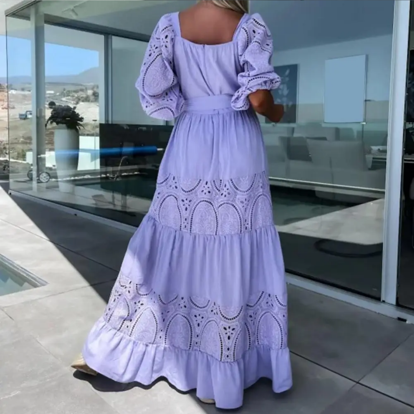 Square Collar Puff Half Sleeves High Waist Ruffle Flowy Hem Maxi Dress