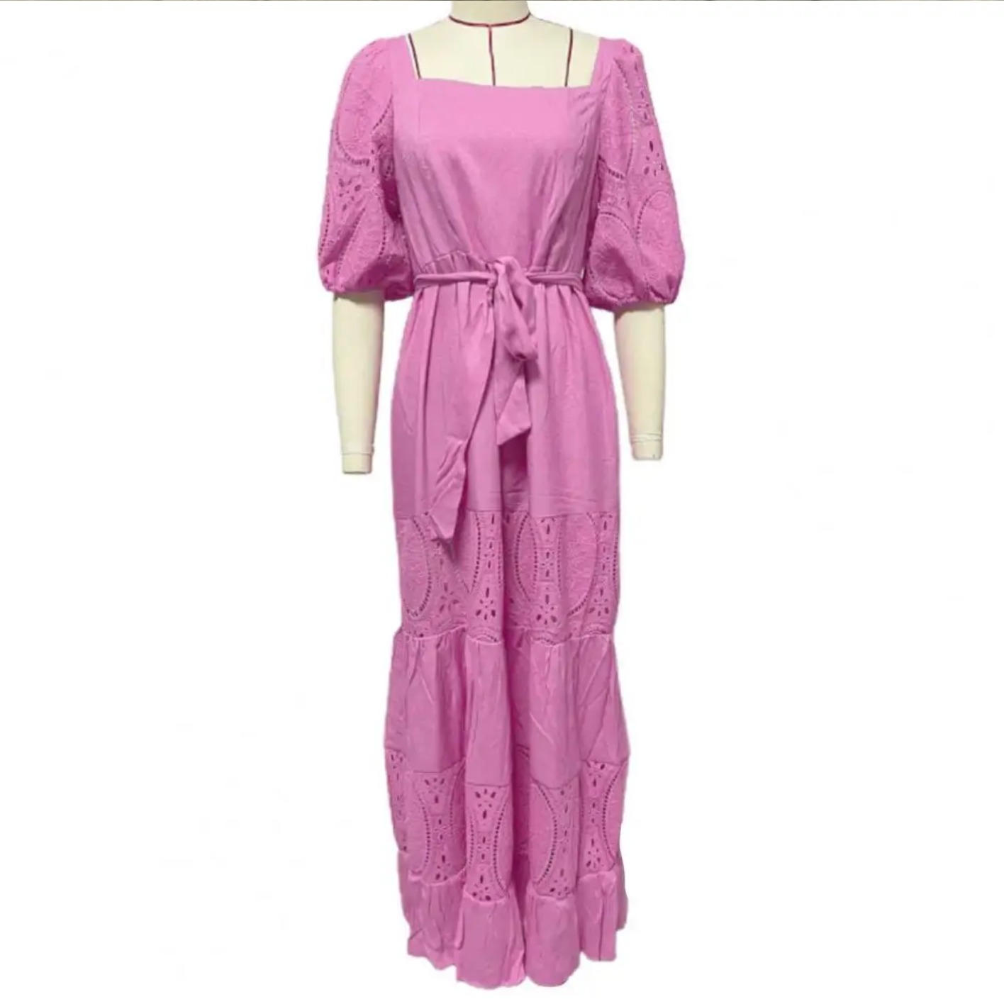 Square Collar Puff Half Sleeves High Waist Ruffle Flowy Hem Maxi Dress