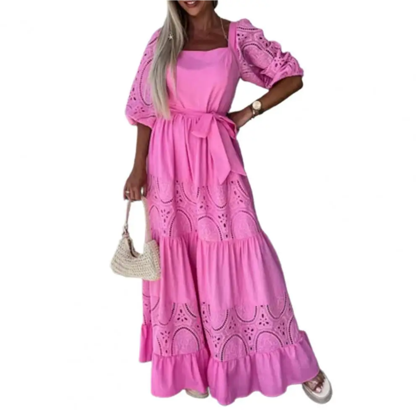 Square Collar Puff Half Sleeves High Waist Ruffle Flowy Hem Maxi Dress