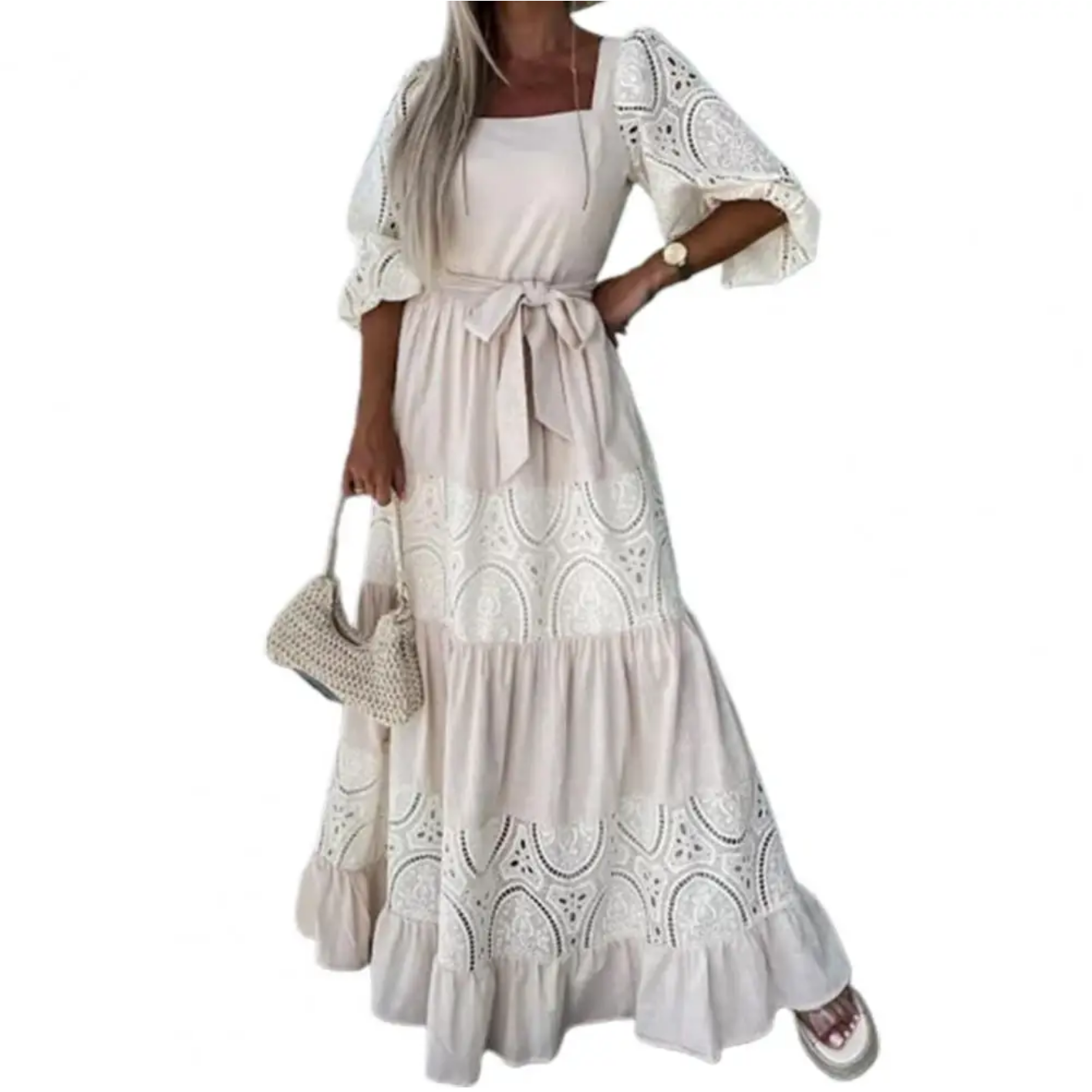 Square Collar Puff Half Sleeves High Waist Ruffle Flowy Hem Maxi Dress