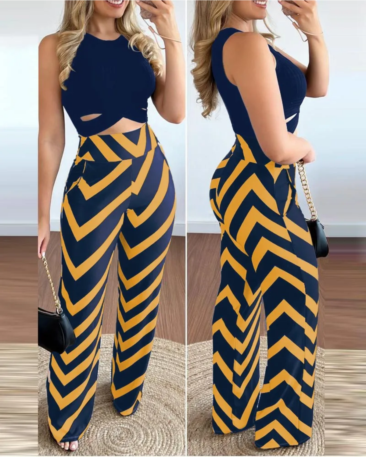 2024 Spring Summer Round Neck Sleeveless Vest Wide Leg Pants