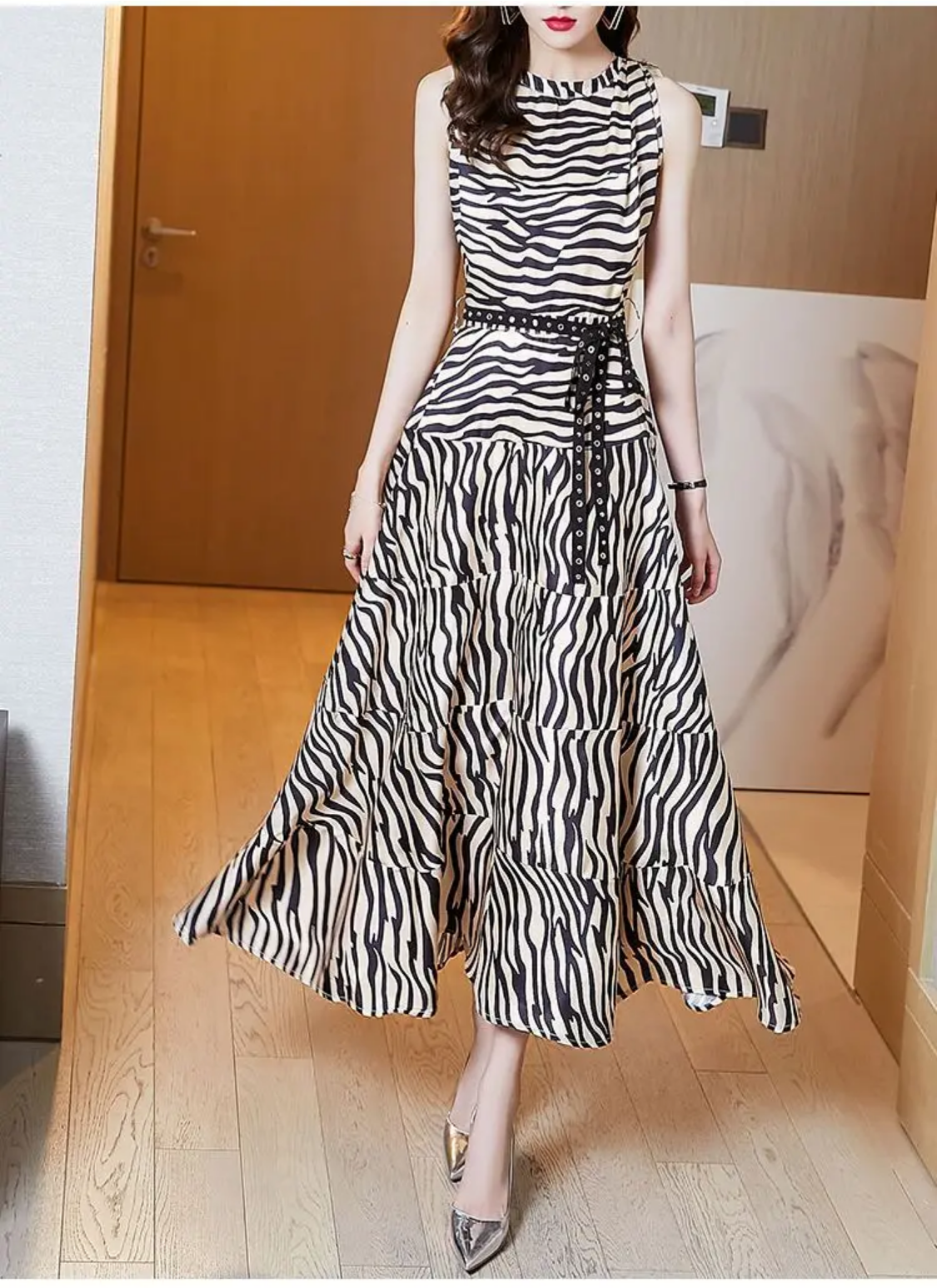 Vintage Zebra Printed Elegant Sleeveless Sashes Dresses