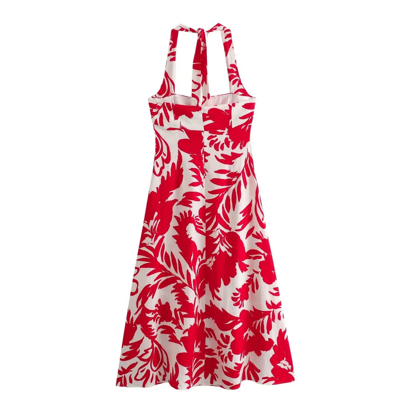 2024 Elegant Back Zipper Red Print Splicing Halter Neck Dress