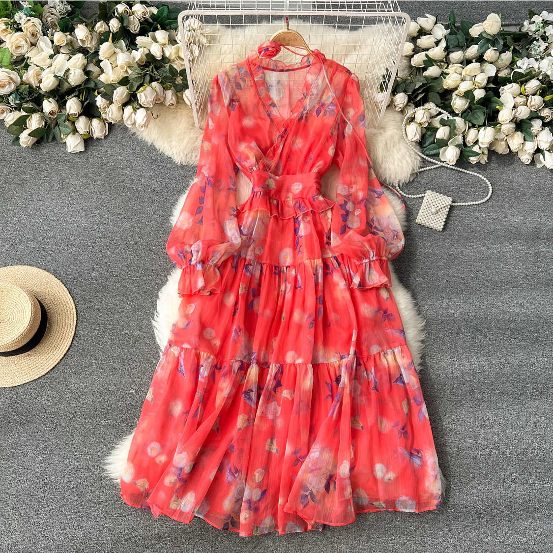 French Chic Elegant Chiffon Printed Lantern Sleeve V-neck 3D Floral Lace-up Dress