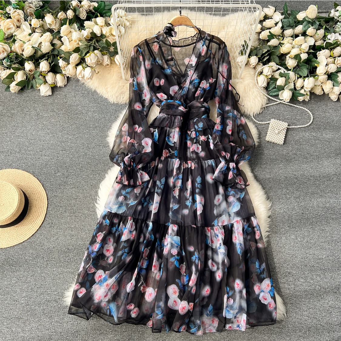 French Chic Elegant Chiffon Printed Lantern Sleeve V-neck 3D Floral Lace-up Dress