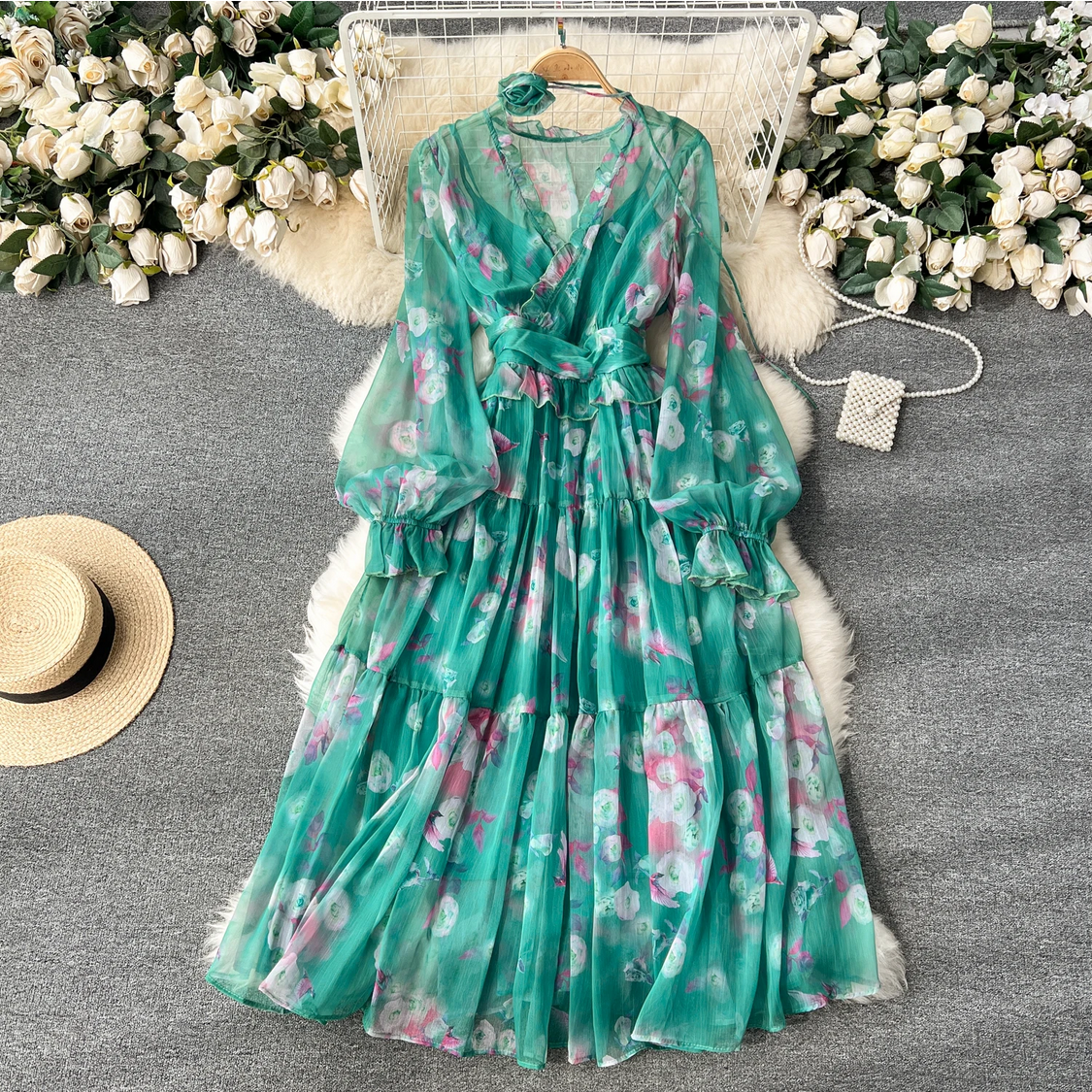 French Chic Elegant Chiffon Printed Lantern Sleeve V-neck 3D Floral Lace-up Dress