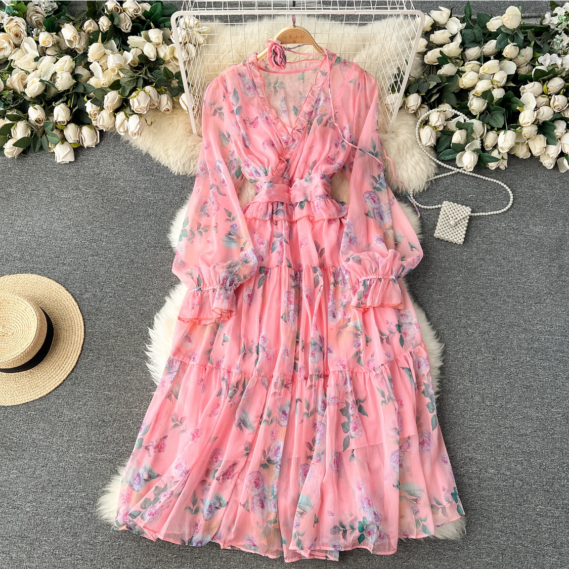 French Chic Elegant Chiffon Printed Lantern Sleeve V-neck 3D Floral Lace-up Dress
