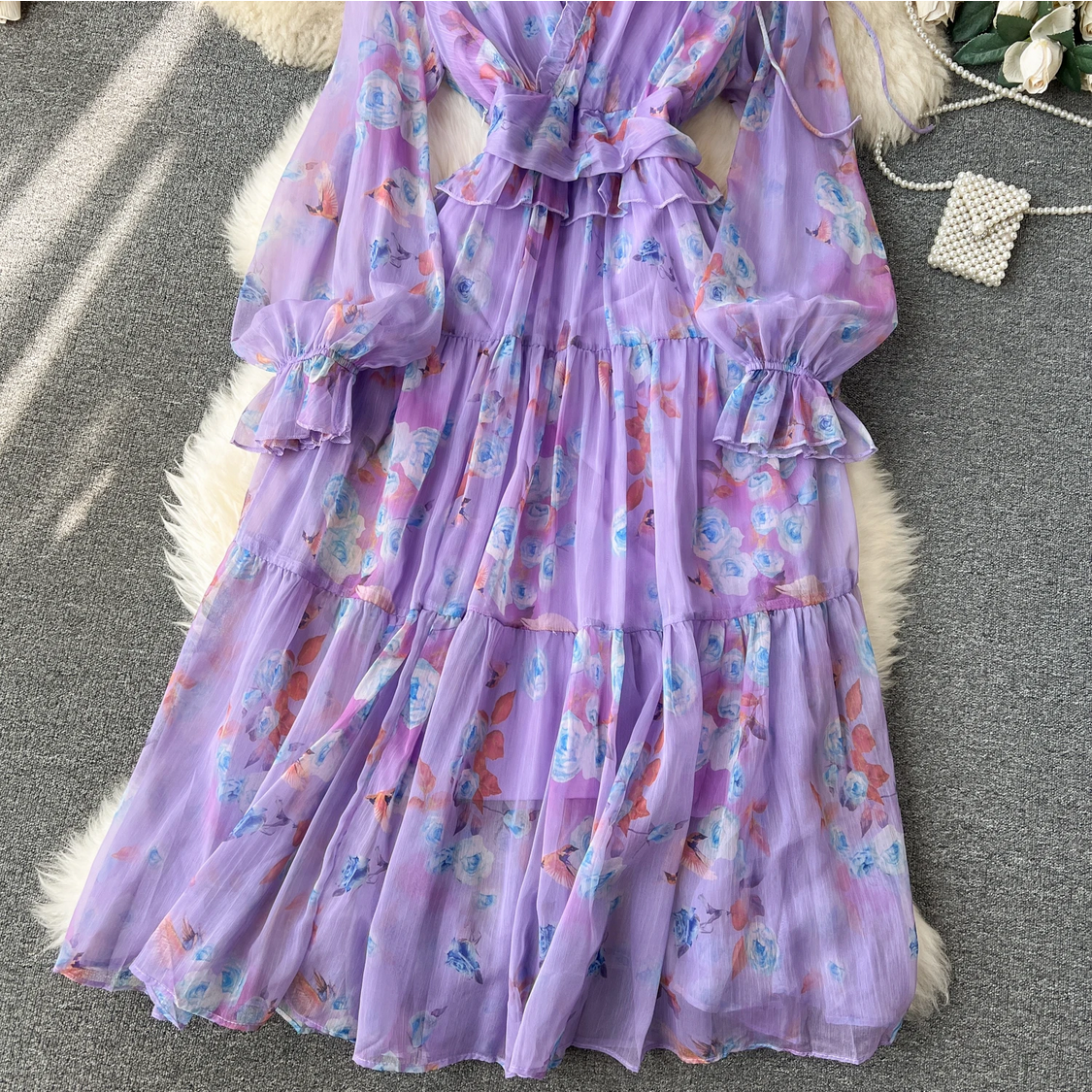 French Chic Elegant Chiffon Printed Lantern Sleeve V-neck 3D Floral Lace-up Dress