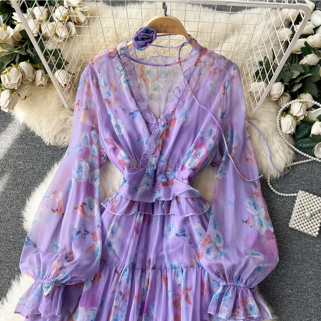 French Chic Elegant Chiffon Printed Lantern Sleeve V-neck 3D Floral Lace-up Dress