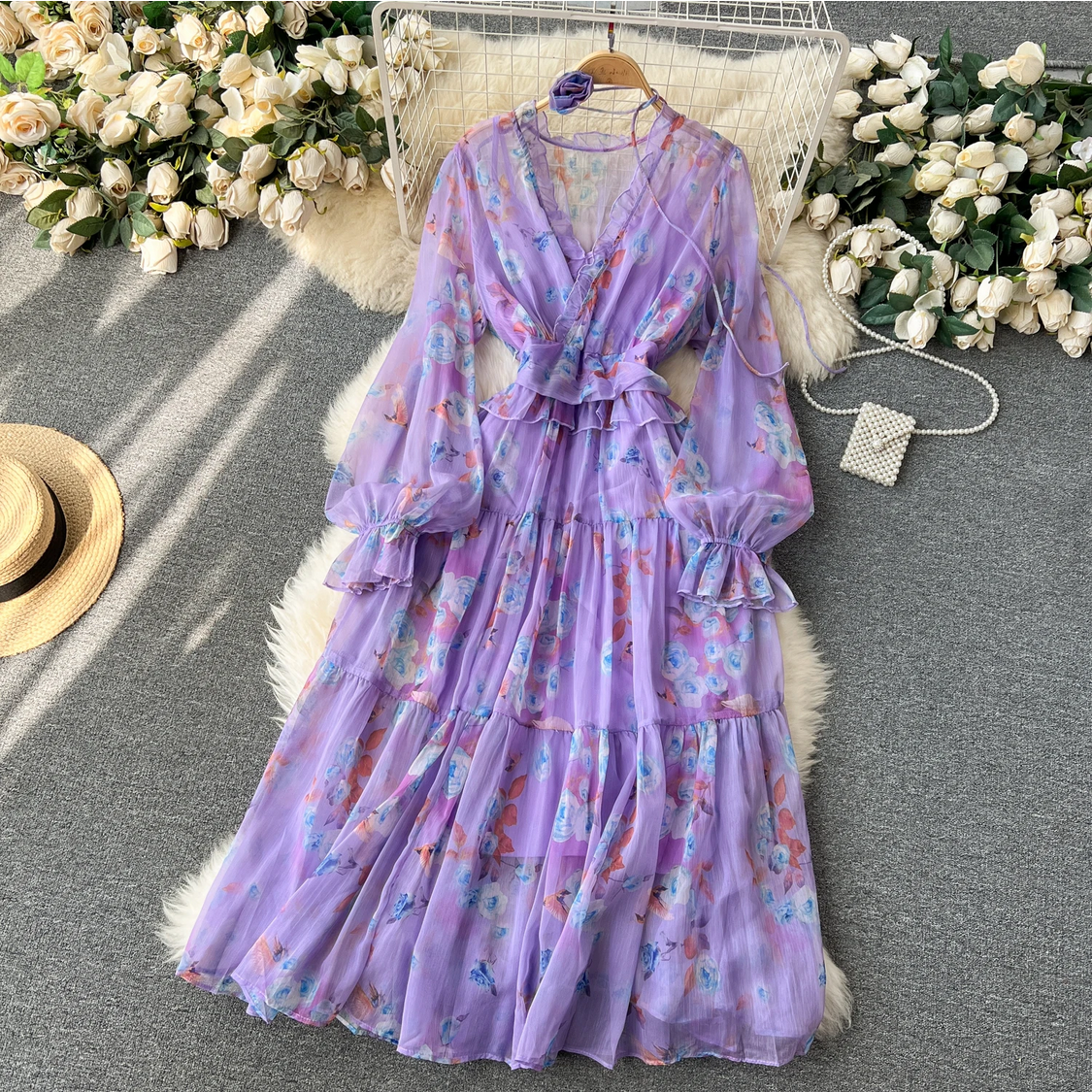 French Chic Elegant Chiffon Printed Lantern Sleeve V-neck 3D Floral Lace-up Dress