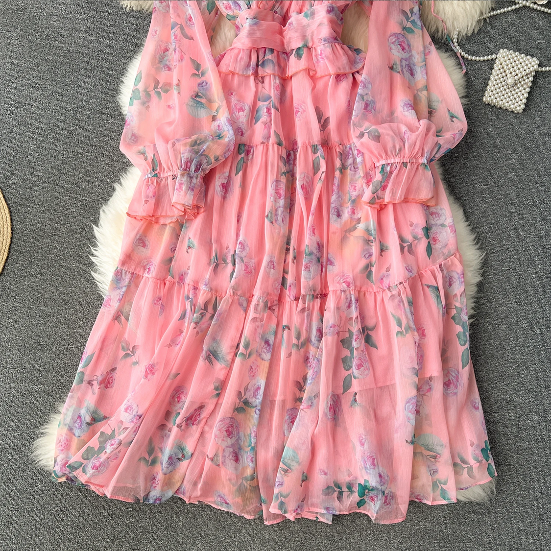 French Chic Elegant Chiffon Printed Lantern Sleeve V-neck 3D Floral Lace-up Dress