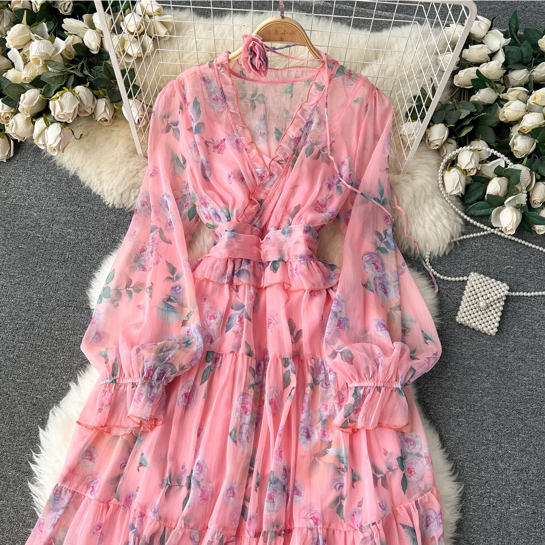 French Chic Elegant Chiffon Printed Lantern Sleeve V-neck 3D Floral Lace-up Dress