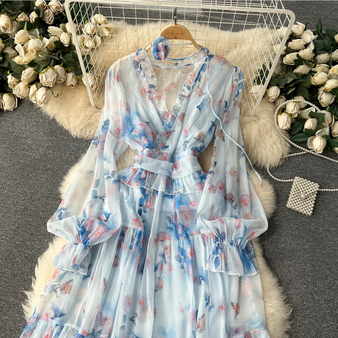 French Chic Elegant Chiffon Printed Lantern Sleeve V-neck 3D Floral Lace-up Dress