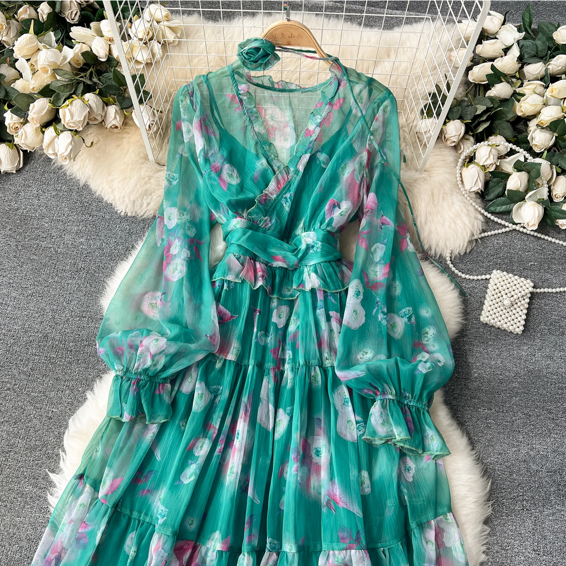 French Chic Elegant Chiffon Printed Lantern Sleeve V-neck 3D Floral Lace-up Dress