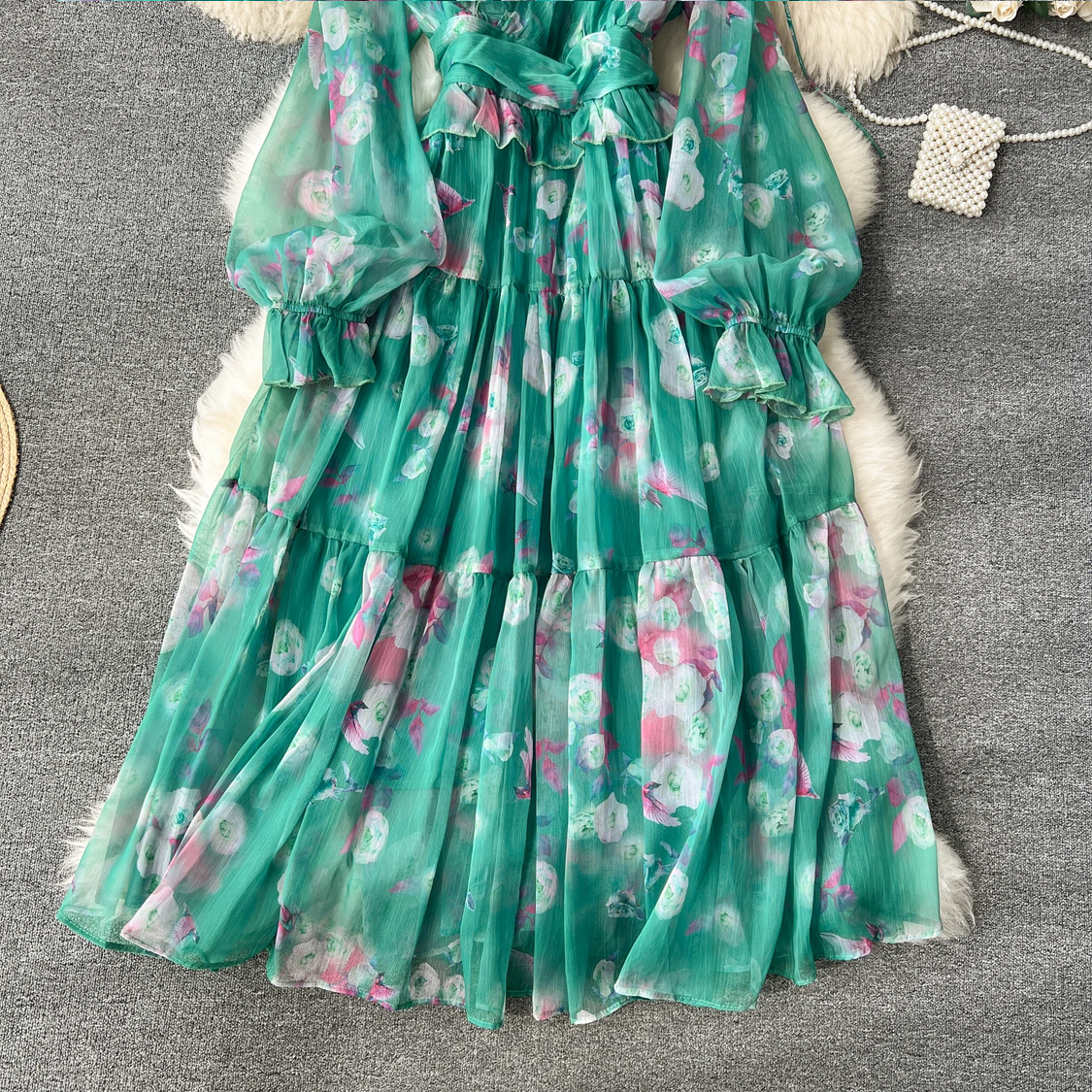 French Chic Elegant Chiffon Printed Lantern Sleeve V-neck 3D Floral Lace-up Dress