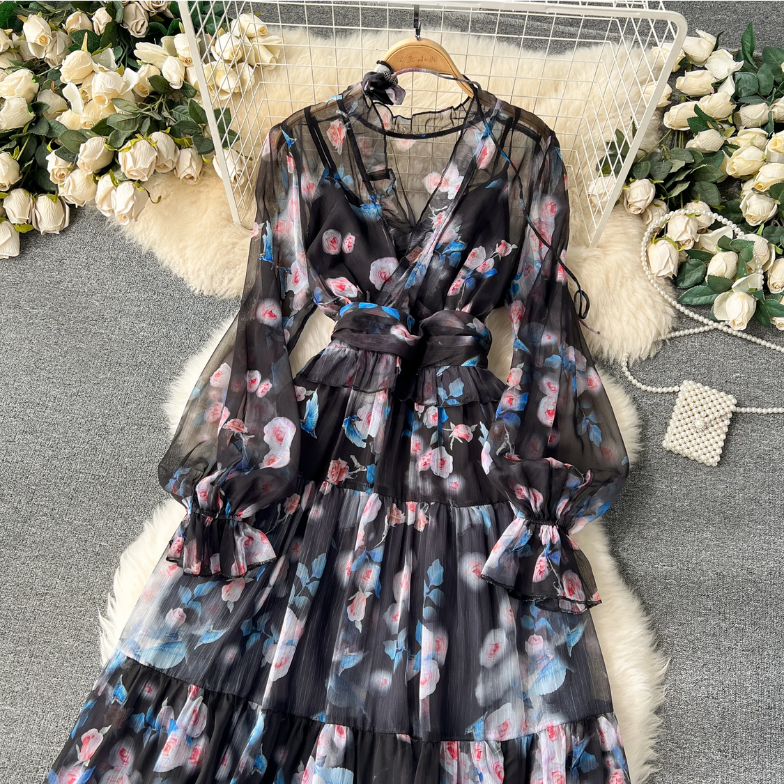 French Chic Elegant Chiffon Printed Lantern Sleeve V-neck 3D Floral Lace-up Dress