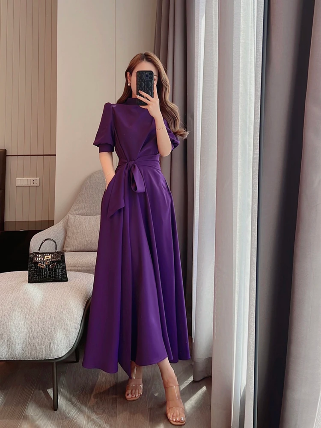Purple Lantern Sleeve High Waist Half High Collar Sashes Dress